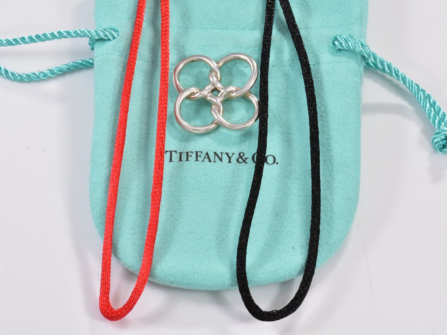 Tiffany & Co Silver Elsa Peretti 1" Quadrifoglio Clover Red Black Silk Necklace