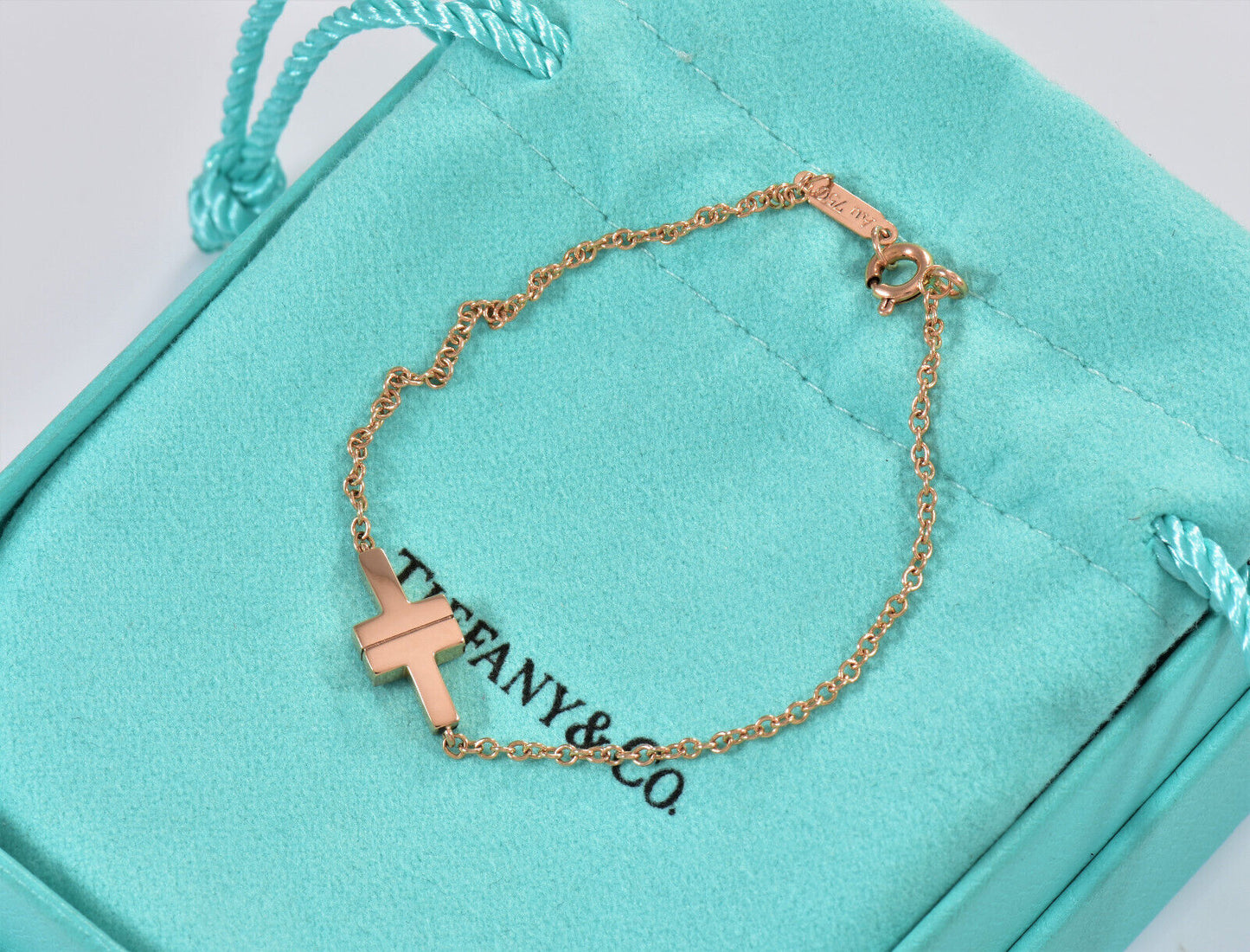 Tiffany & Co 18K Rose Gold T Square Single Chain 6.5" Bracelet in Box Rare Love