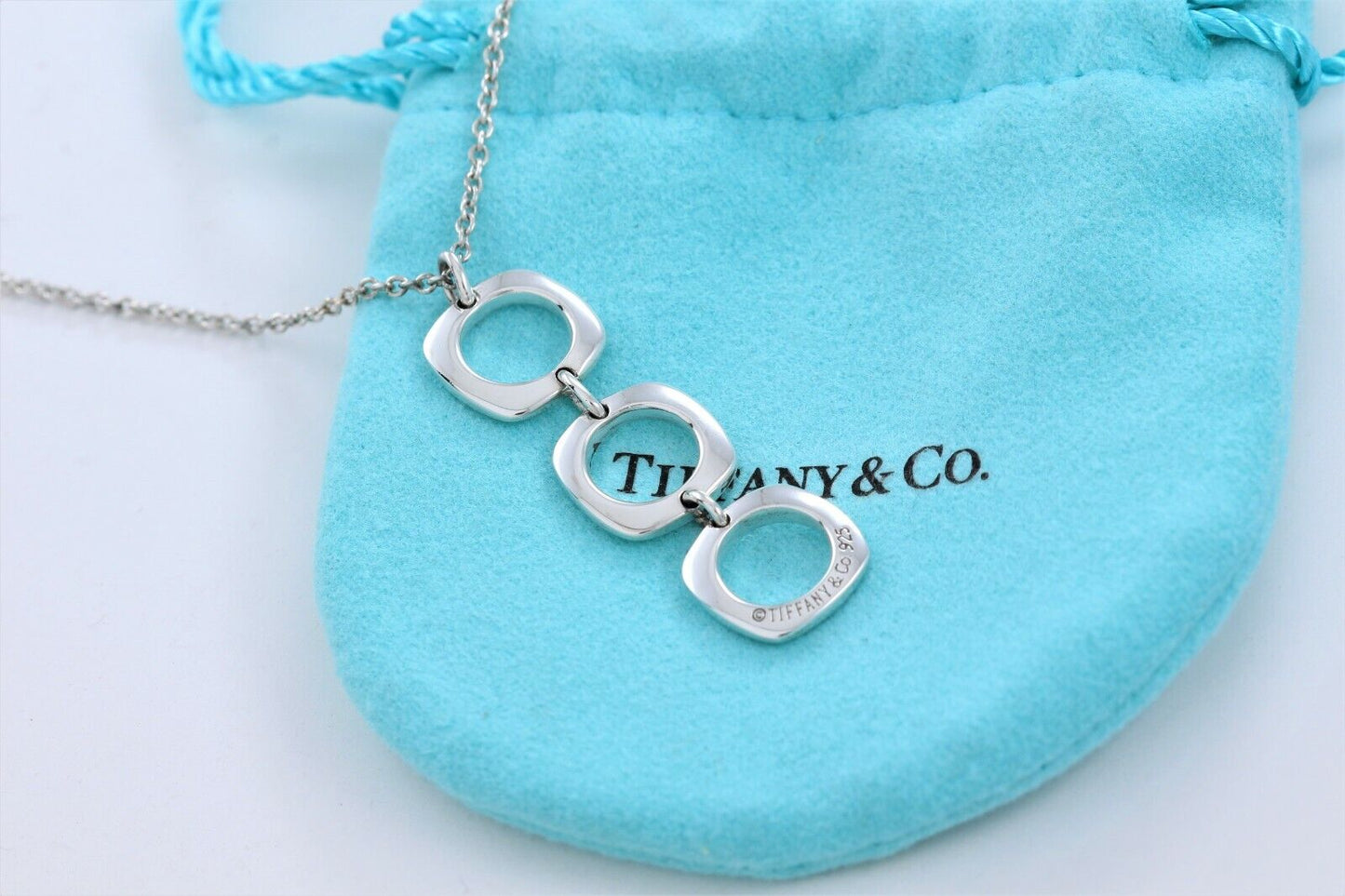 Tiffany & Co Silver Three Cushion Square Dangle Pendant Drop Necklace & Pouch