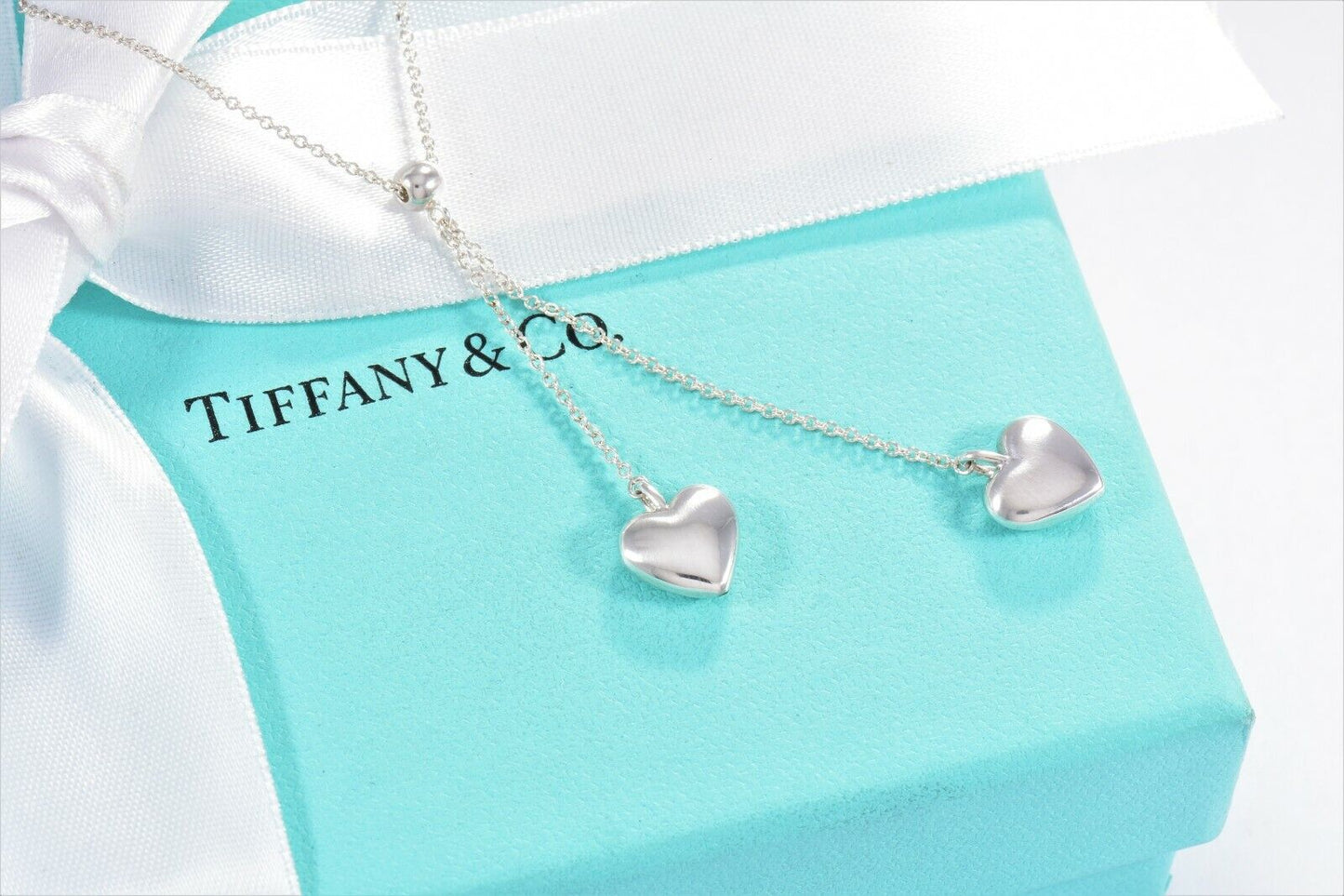 Tiffany & Co Silver Double Puff Heart Bead Two Pendant Necklace & Pouch Dangle