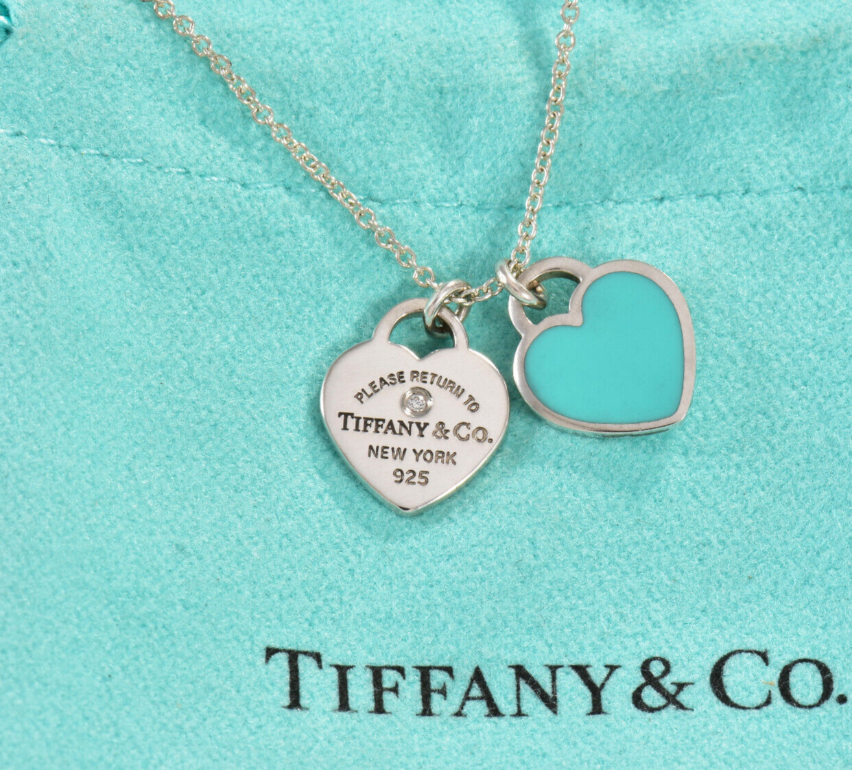 Return Tiffany & Co Diamond Silver Mini Double Heart Blue Enamel Necklace in Box