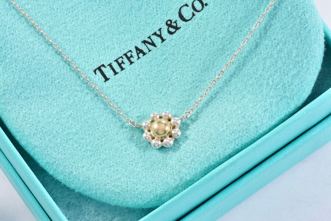 Tiffany & Co Gold Silver Jolie Bead Flower Pendant 16.75" Necklace in Pouch Rare