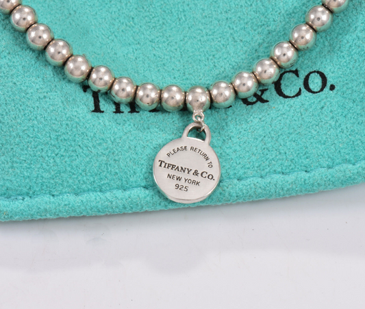 7" Return To Tiffany & Co Silver Round Tag Charm Circle Bead Bracelet in Pouch