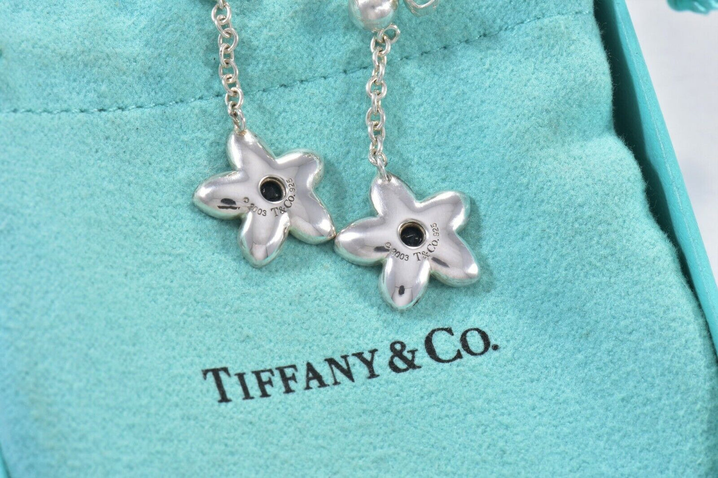 Tiffany & Co Silver Purple Iolite Gem Flower Dangle Earrings & Pouch Rare Lovely