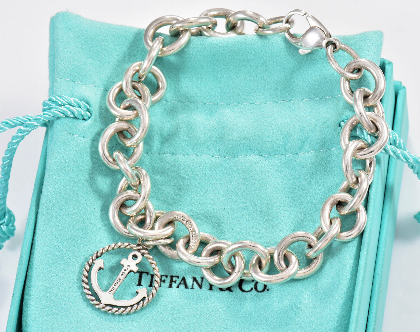 Tiffany & Co Sterling Silver Anchor Charm 8" Chain Link Bracelet in Pouch Rare