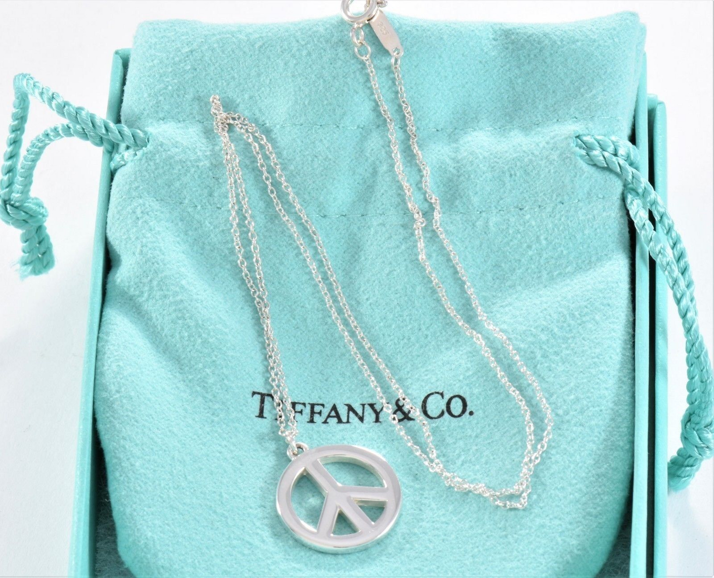 Tiffany & Co Sterling Silver Peace Love Charm Pendant 17.75" Necklace Box Pouch