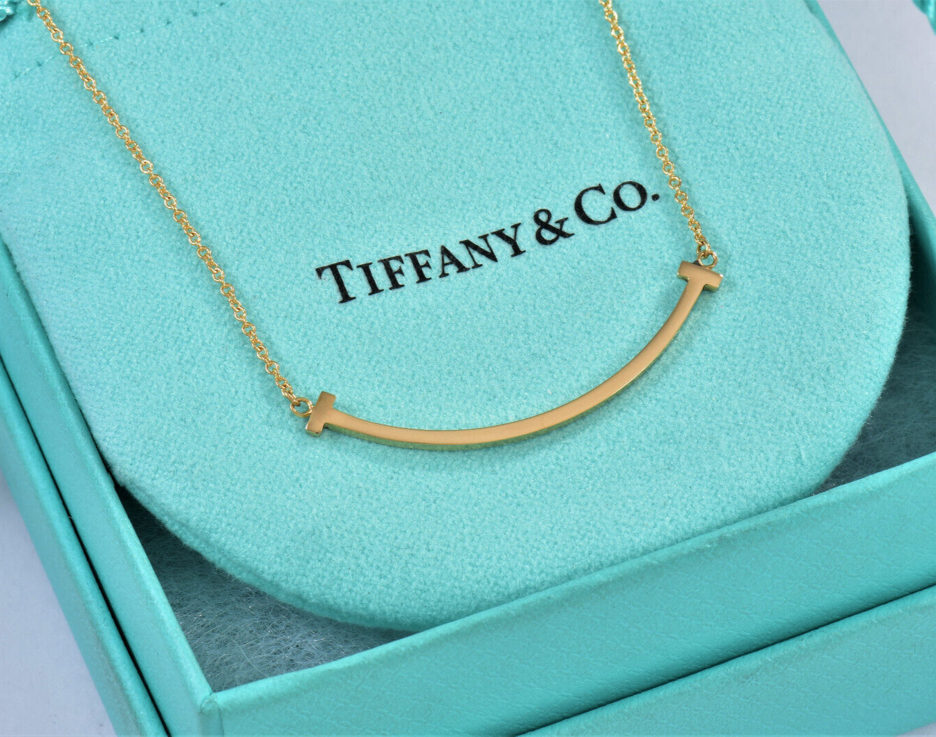 Tiffany & Co 18K Yellow Gold Small T Smile Pendant Necklace 16-18" in Box Pouch