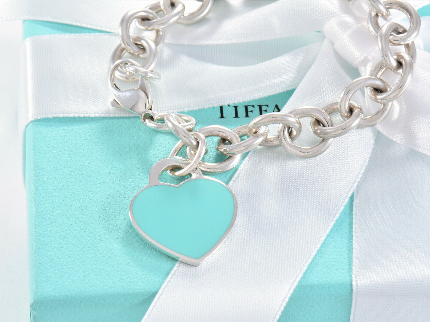 Please Return To Tiffany & Co Silver Blue Enamel Heart Chain Link 7.7" Bracelet