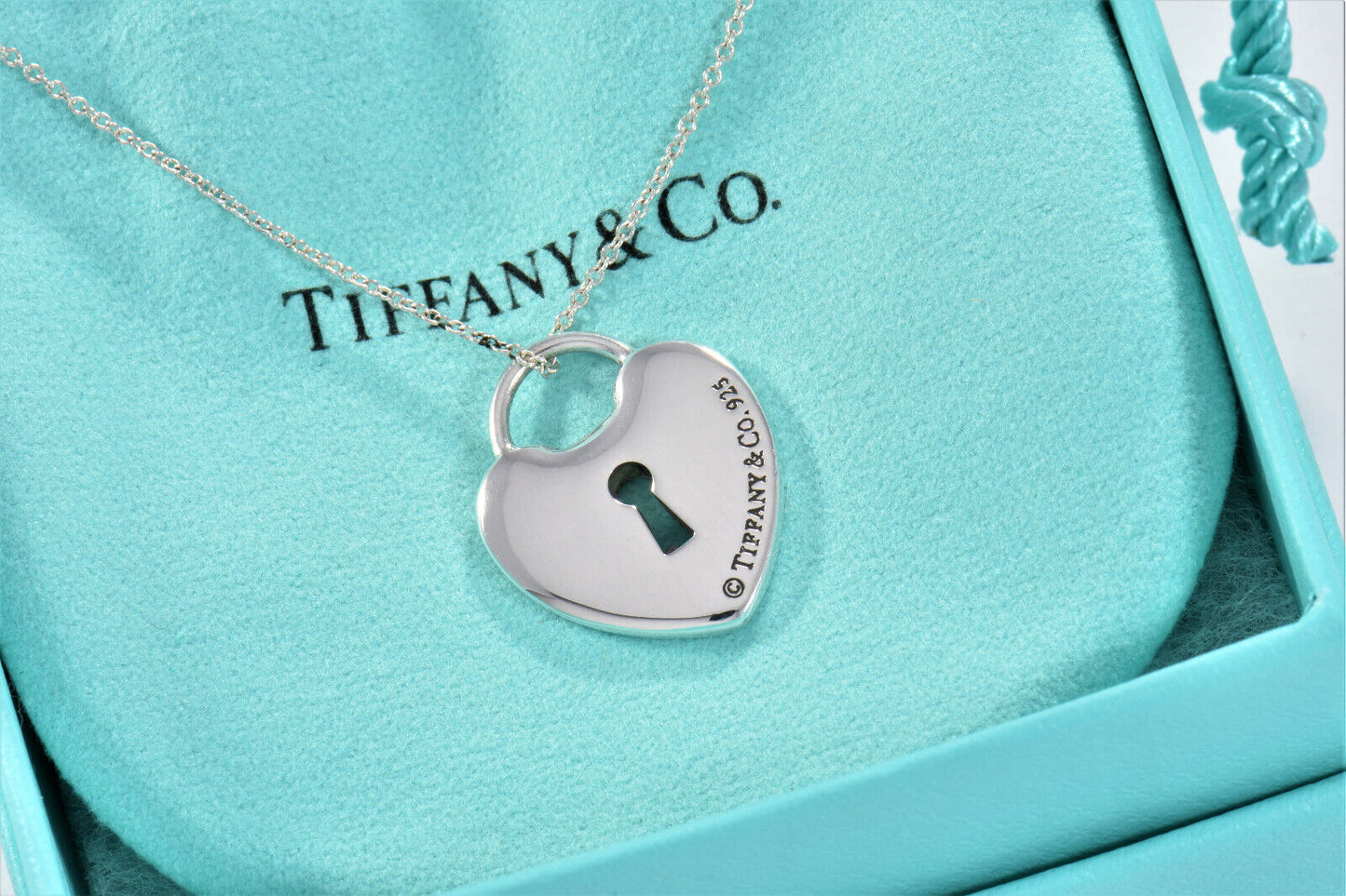 Tiffany & Co Sterling Silver Large Keyhole Heart Lock 16.5" Necklace Pouch Rare