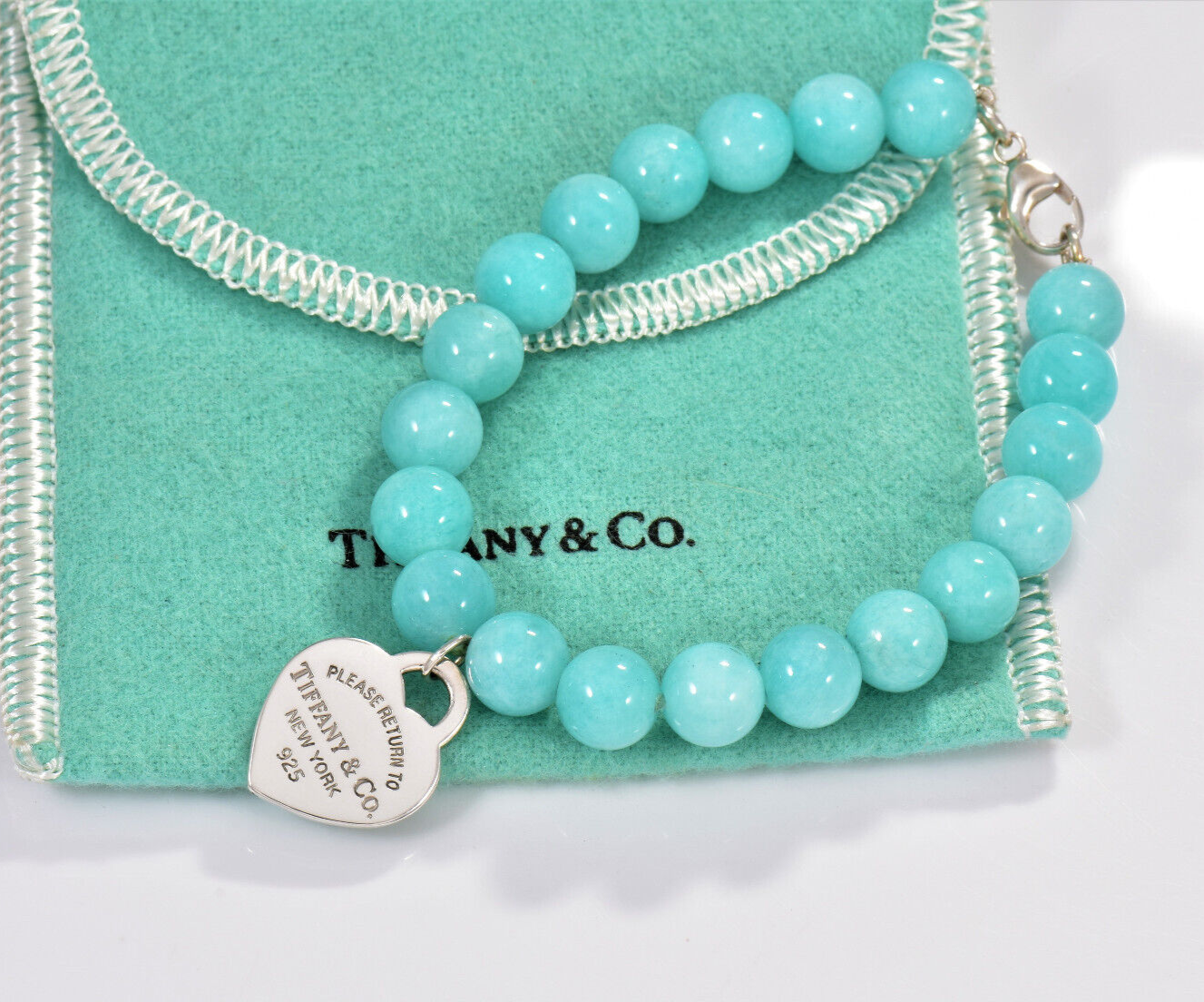 Please Return Tiffany & Co Blue Amazonite Silver Heart 8mm Bead 7.25" Bracelet