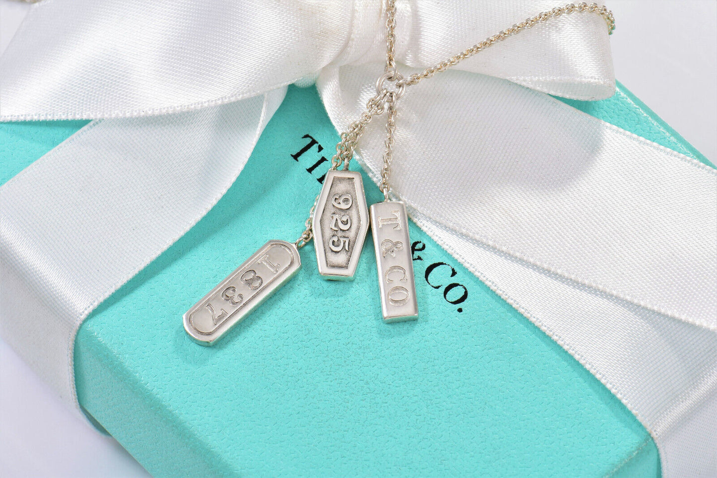 Tiffany & Co Silver 1837 Logo Elements Three Bar Pendant Modern Drop Necklace