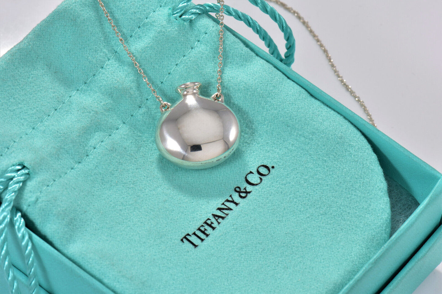 Tiffany & Co Elsa Peretti Silver Round Perfume Bottle Pendant 16.6" Necklace