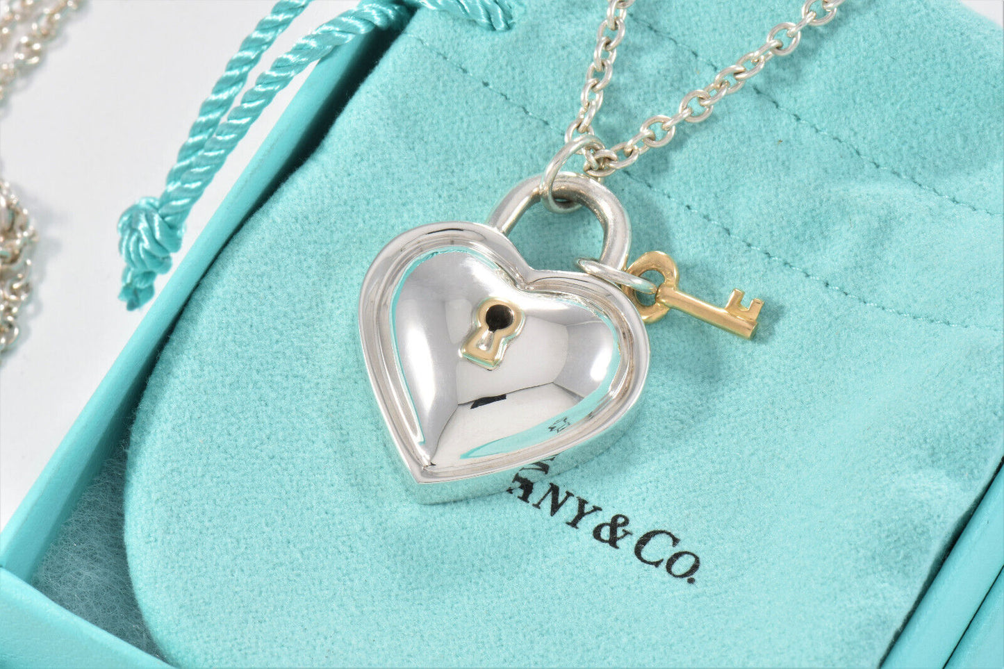 Vintage Tiffany & Co 18k Gold Silver Heart Key Lock Pendant 20.5" Chain Necklace