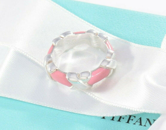 Tiffany & Co Silver Pink Enamel Signature X Stack Band Ring Size 9 in Pouch Rare