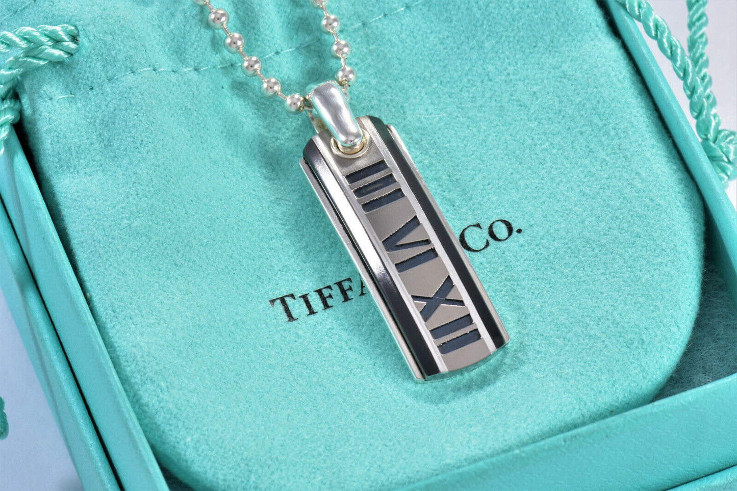 Tiffany & Co Titanium Silver Atlas Bar Dog Tag Bead Chain Necklace in Pouch Rare