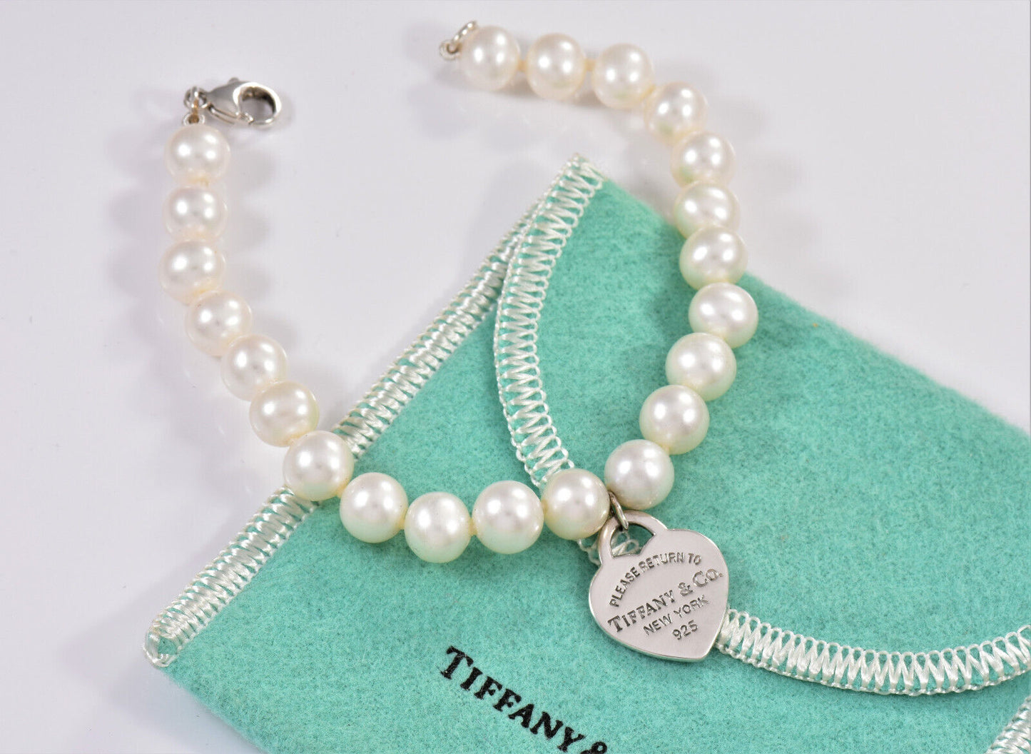 Please Return Tiffany & Co Silver Heart Charm 8mm Pearl Bead Bracelet 7.7" Boxed