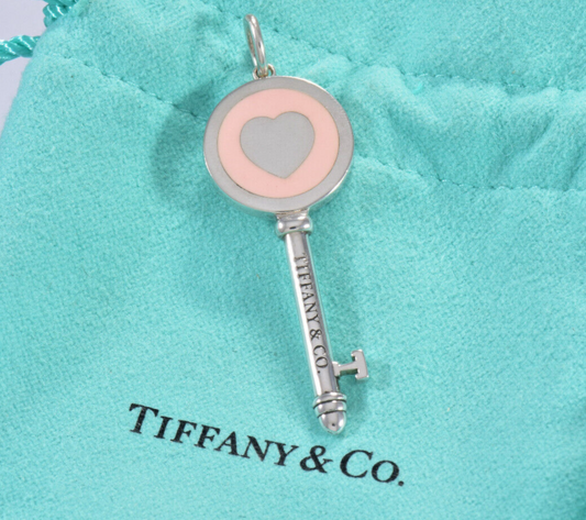 Tiffany & Co Silver Heart Pink Enamel Key Pendant Charm for Necklace or Bracelet