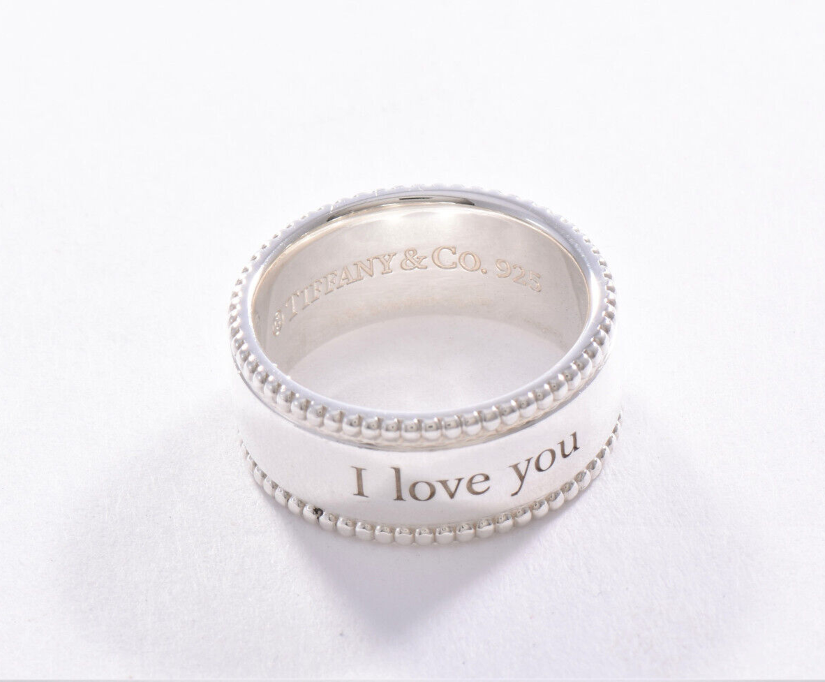 Tiffany & Co Sterling Silver I Love You Bead Edge Ring Size 7 in Pouch Yours