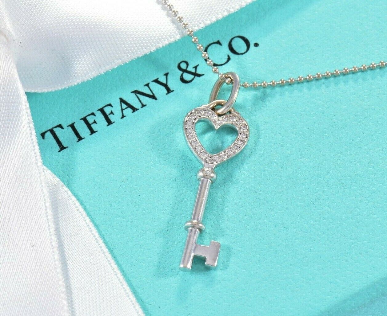 Tiffany & Co Diamond 18K White Gold Heart Key Pendant Bead Chain Necklace in Box