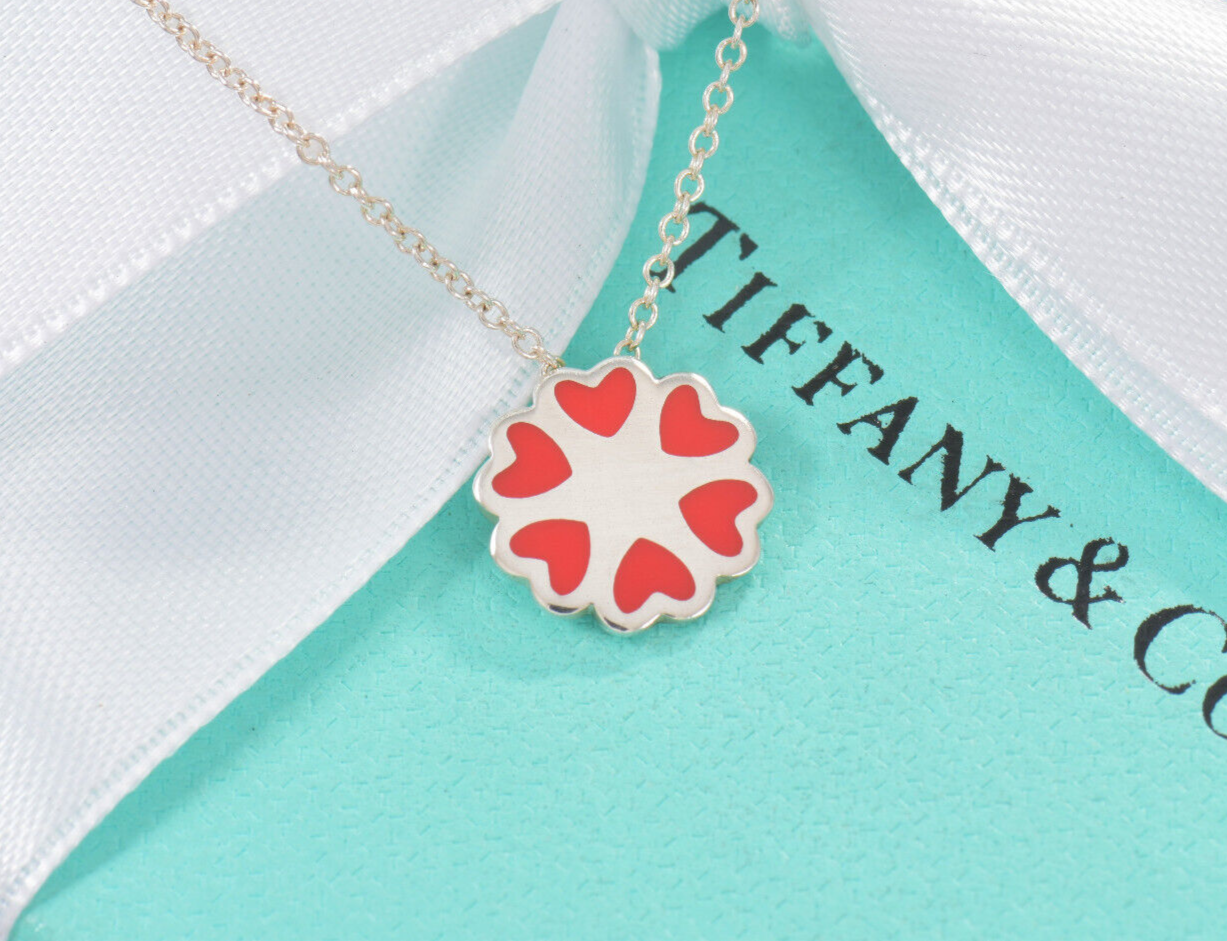 Tiffany & Co Silver Picasso Red Enamel Crown Hearts Pendant 16" Necklace Cluster