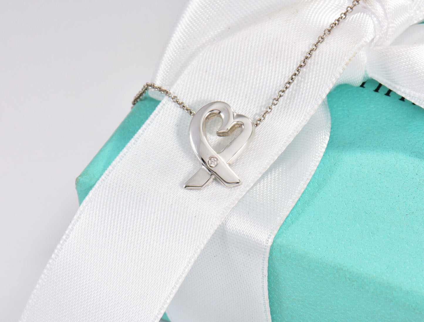 Tiffany & Co Silver Diamond Paloma Picasso Loving Heart Pendant Necklace in Box