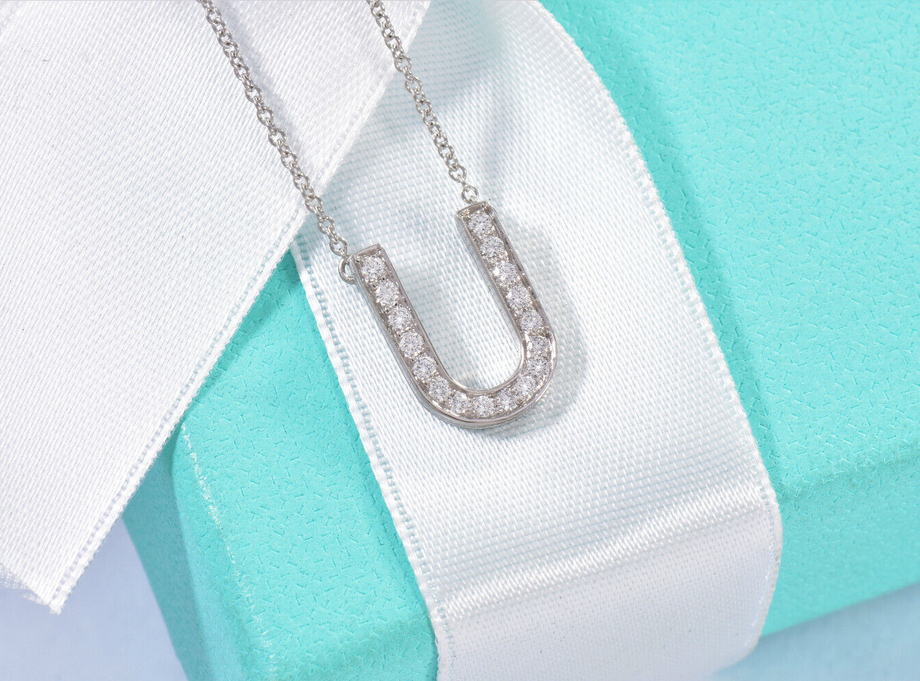 Tiffany & Co Platinum Diamond Large Letter U Pendant 16.5" Necklace In Box Pouch