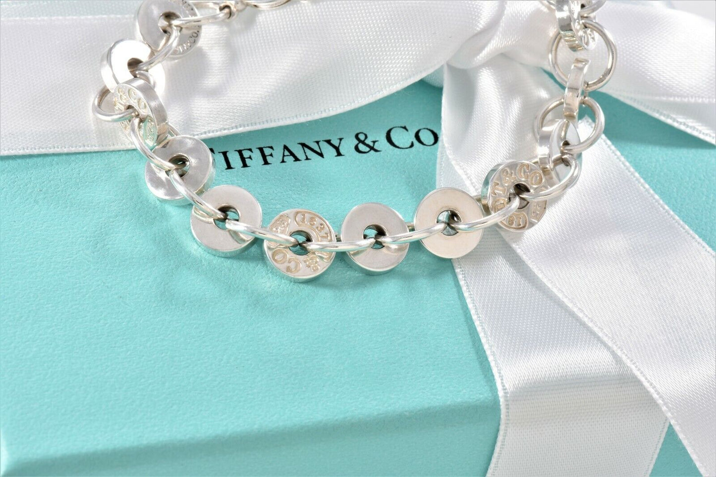 Tiffany & Co Italy Sterling Silver 1837 Disk Link Chain 7.7" Bracelet in Pouch