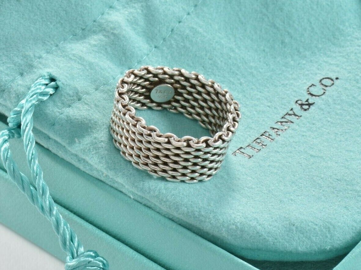 Tiffany & Co Somerset Sterling Silver Mesh Love Ring Sz 6.5 in Box Pouch Lovely