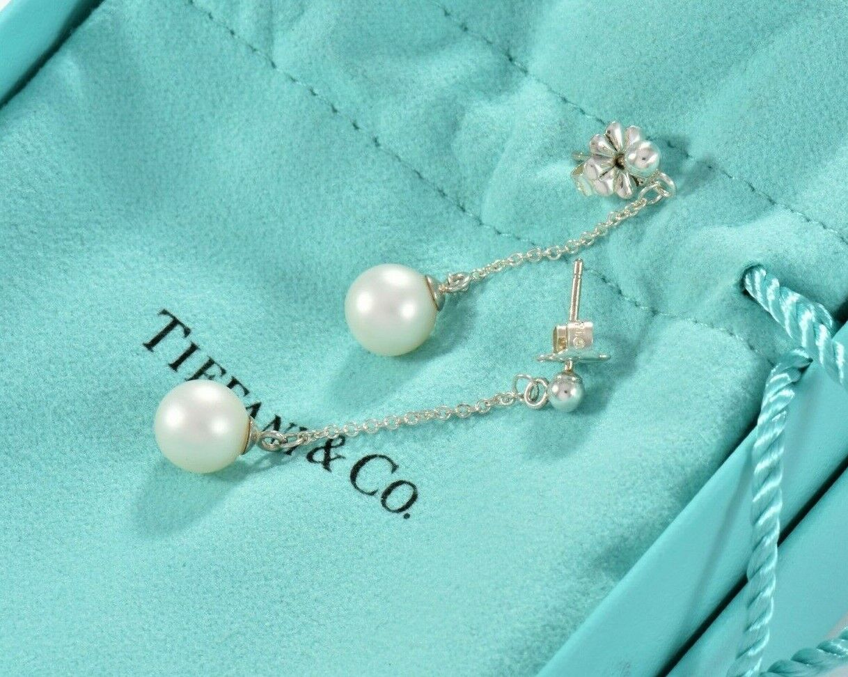 Tiffany & Co Sterling Silver Bead Pearl Drop Earrings in Box Pouch Dangle Rare