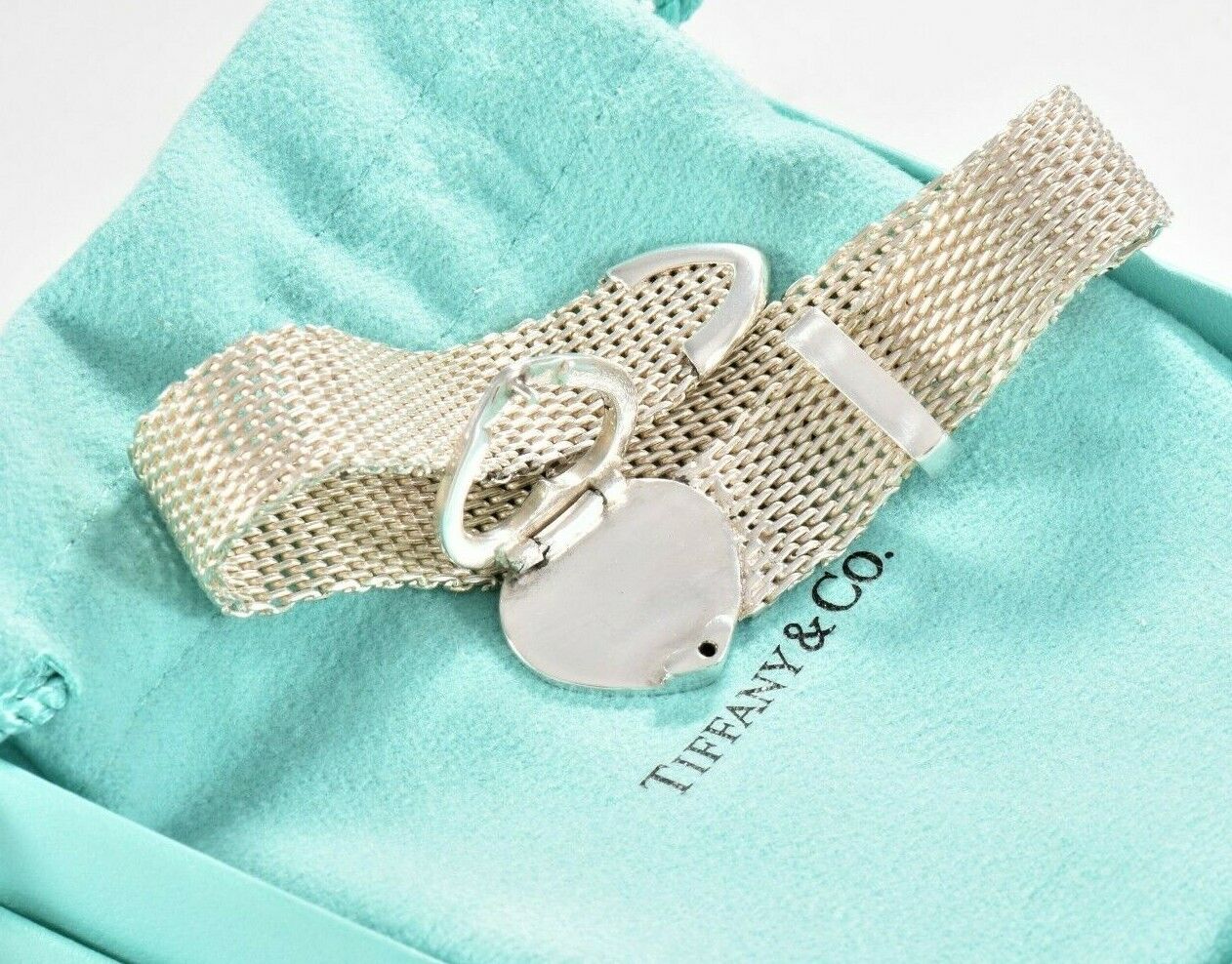 Tiffany & Co Silver Somerset Heart Mesh Belt Buckle 8.5" Bracelet & Pouch Rare