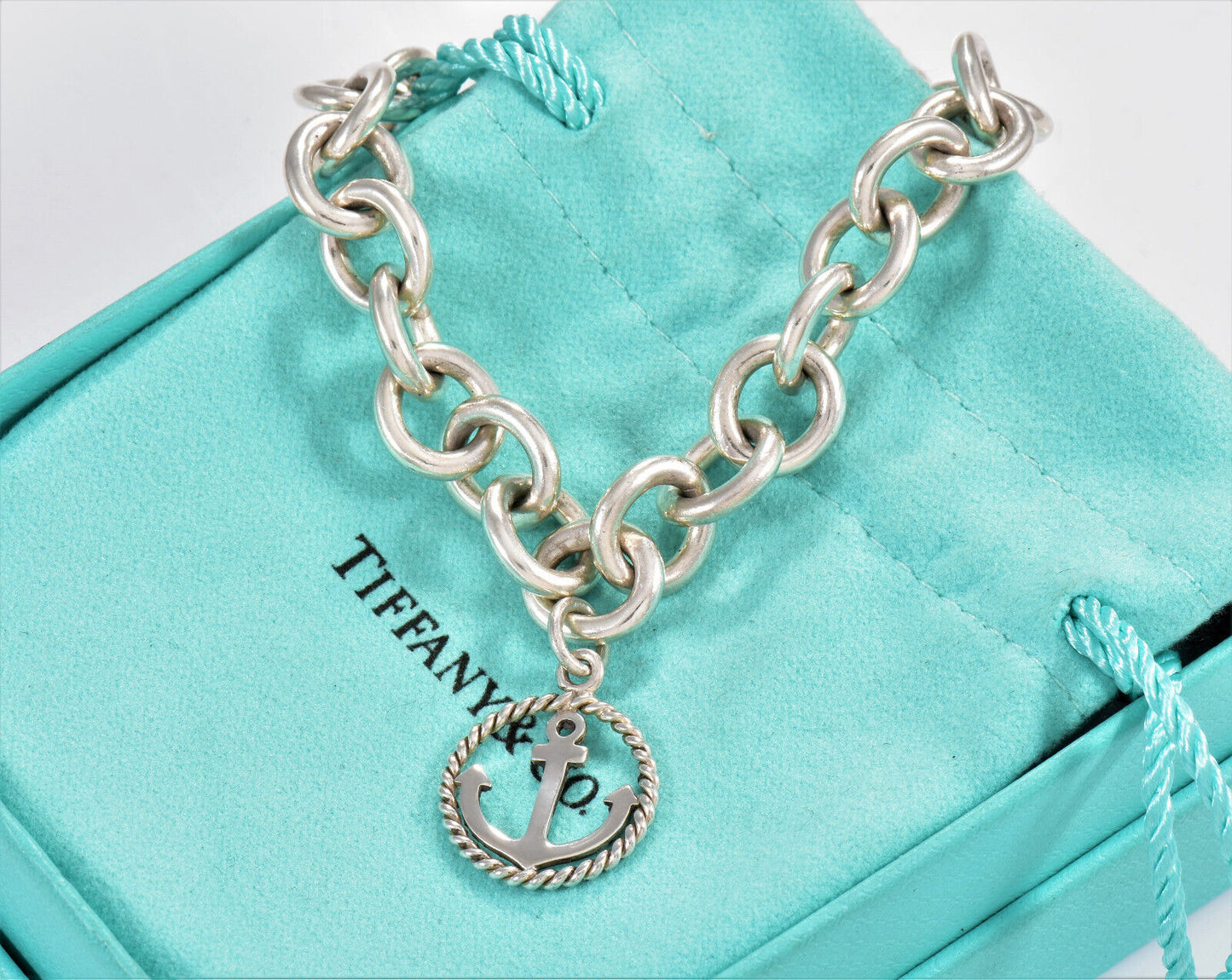 Tiffany & Co Sterling Silver Anchor Charm 8" Chain Link Bracelet in Pouch Rare