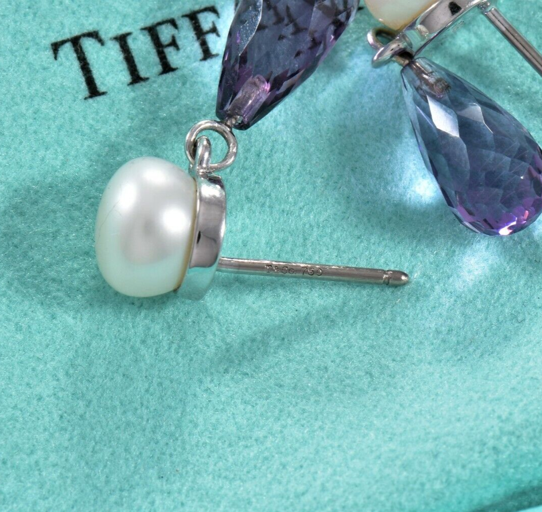 Tiffany & Co Amethyst 18K White Gold Pearl Drop Earrings Box Pouch Rare Dangling