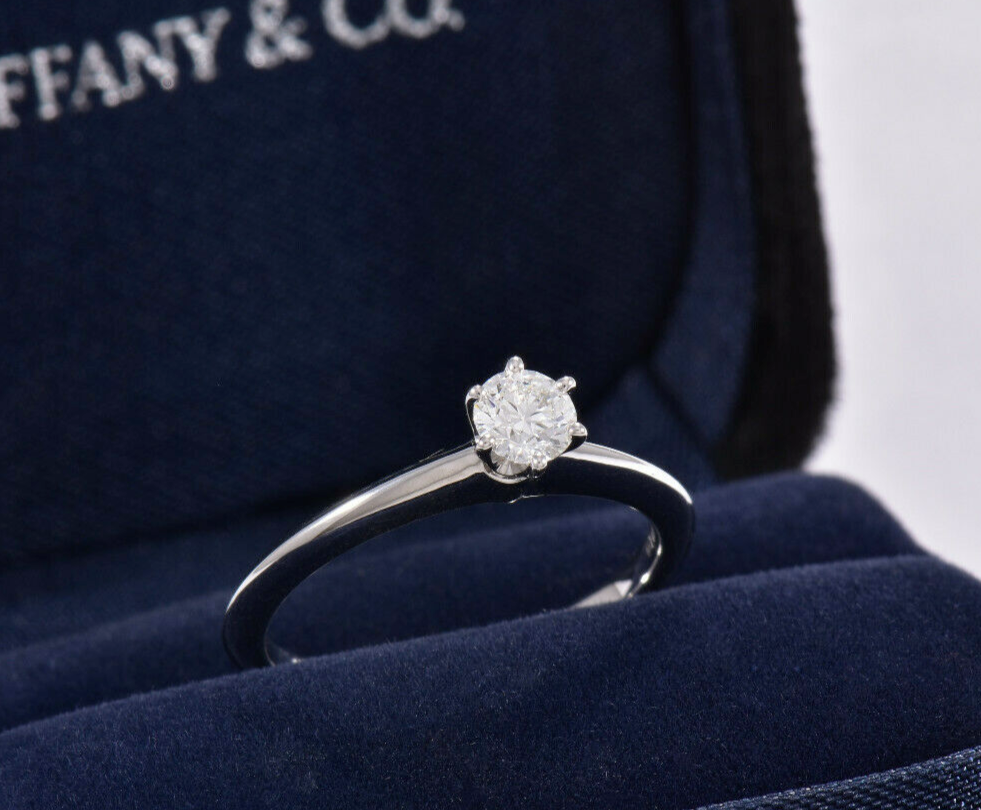 Tiffany & Co Platinum .27 ct Round Solitaire Diamond  Ring Size 5.5 in Box Pouch