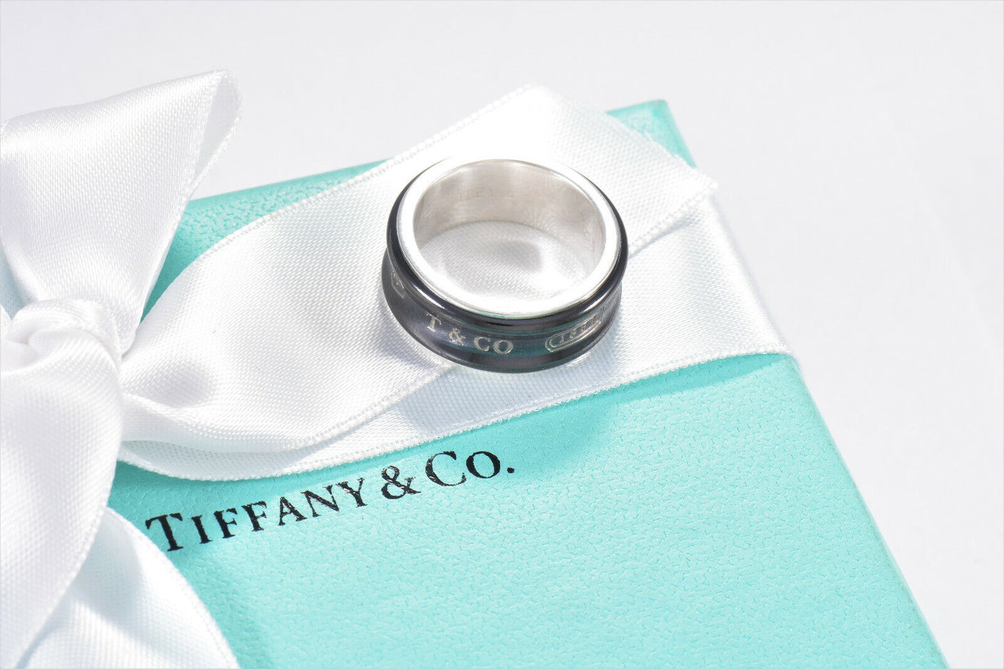 Tiffany & Co Silver Titanium 1837 8.5mm Wide Band Ring Size 5.5 in Pouch Mens