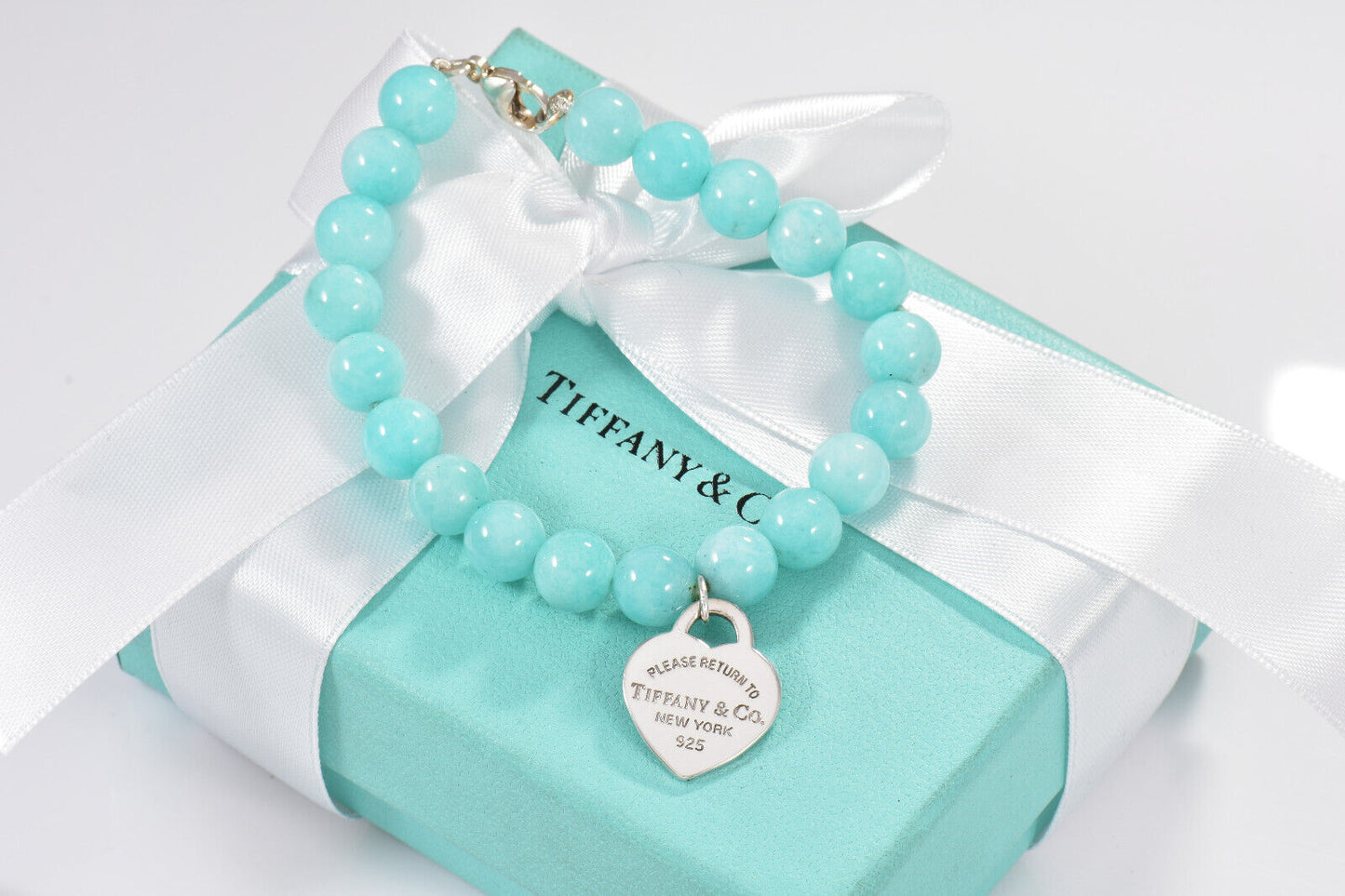 Please Return Tiffany & Co Blue Amazonite Silver Heart 8mm Bead 7.25" Bracelet