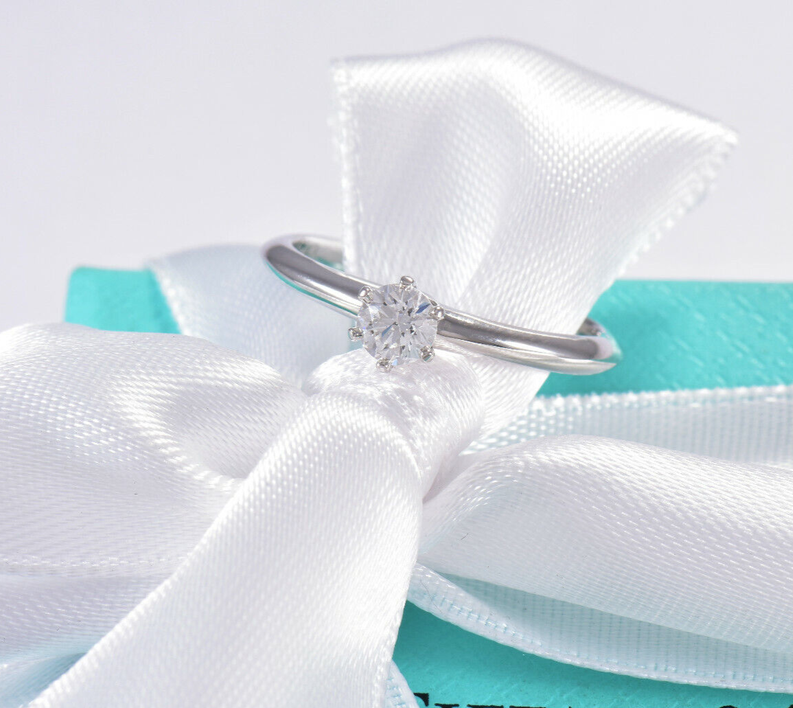 Tiffany & Co Platinum .24 ct Round Solitaire Diamond  Ring Size 5.5 in Box Pouch