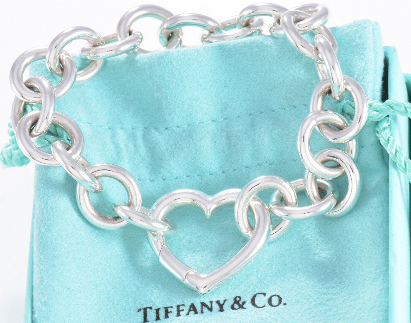 Tiffany & Co Sterling Silver Heart Clasp Chain 8" Bracelet in Pouch Rare Bangle