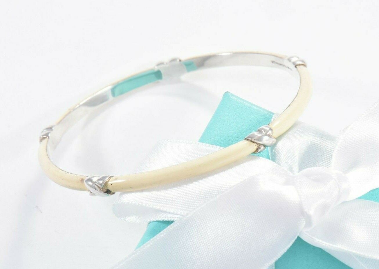 Tiffany & Co Italy Silver Signature X White Enamel Bangle Large Bracelet & Pouch