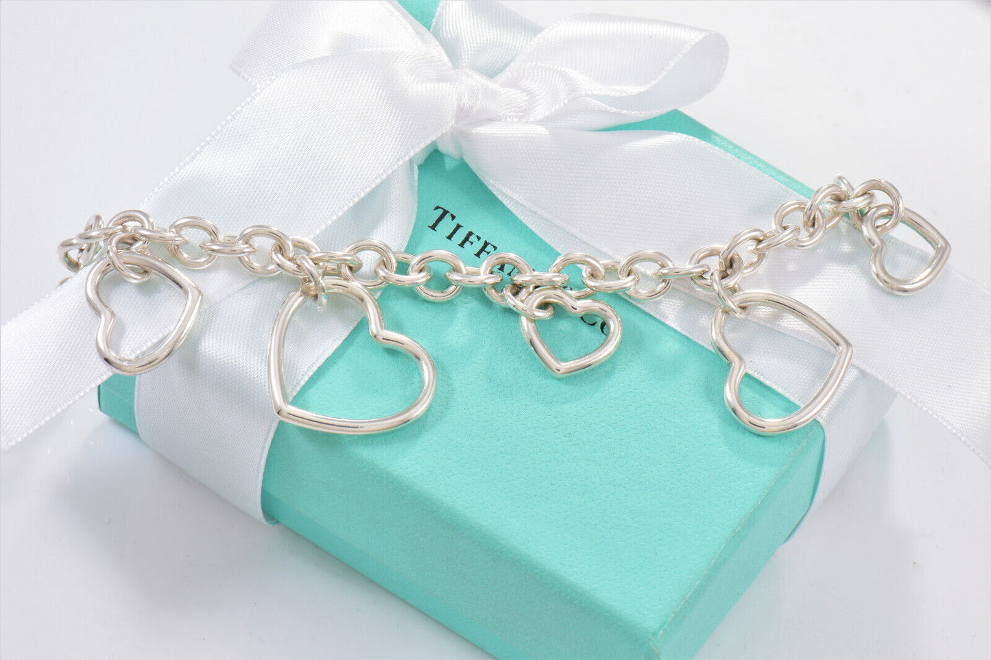 Tiffany & Co Silver Five Open Heart Multi Charm 7.5" Chain Bracelet Dangle 5