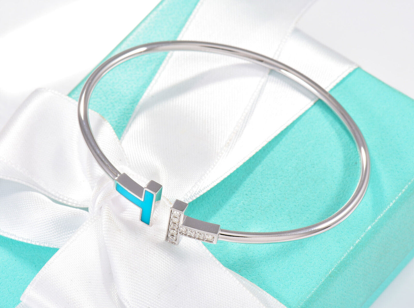 Tiffany & Co Diamond 18K White Gold Blue Turquoise T Wire Large Bracelet in Box