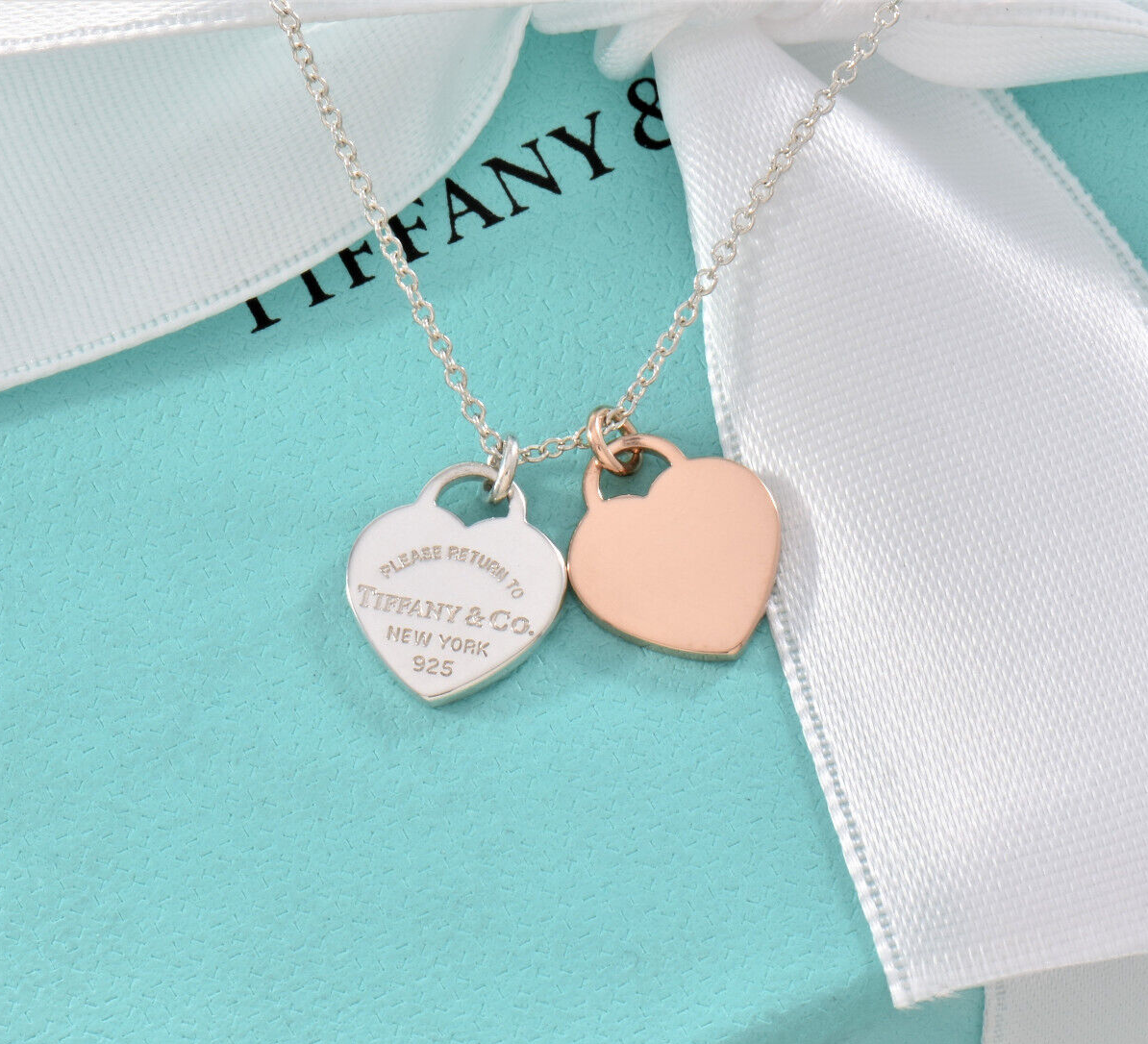 Return Tiffany & Co 18K Rose Gold Silver Mini Double Heart 16" Necklace in Box