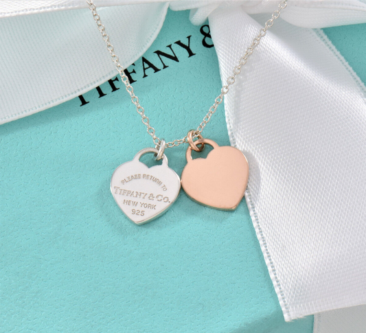 Return Tiffany & Co 18K Rose Gold Silver Mini Double Heart 16" Necklace in Box