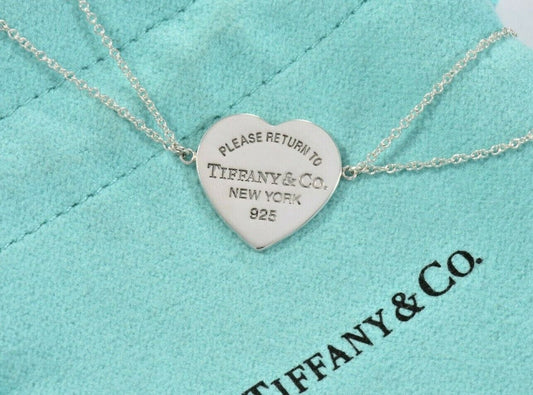 Please Return to Tiffany & Co Silver Heart Tag 6.5" Double Chain Charm Bracelet