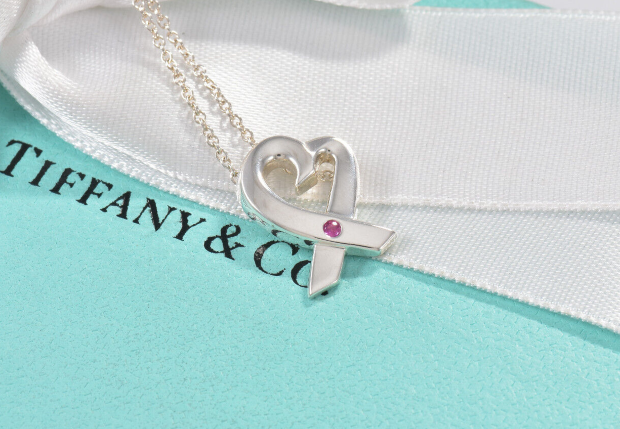 Tiffany & Co Silver Pink Sapphire Paloma Picasso Loving Heart Pendant Necklace