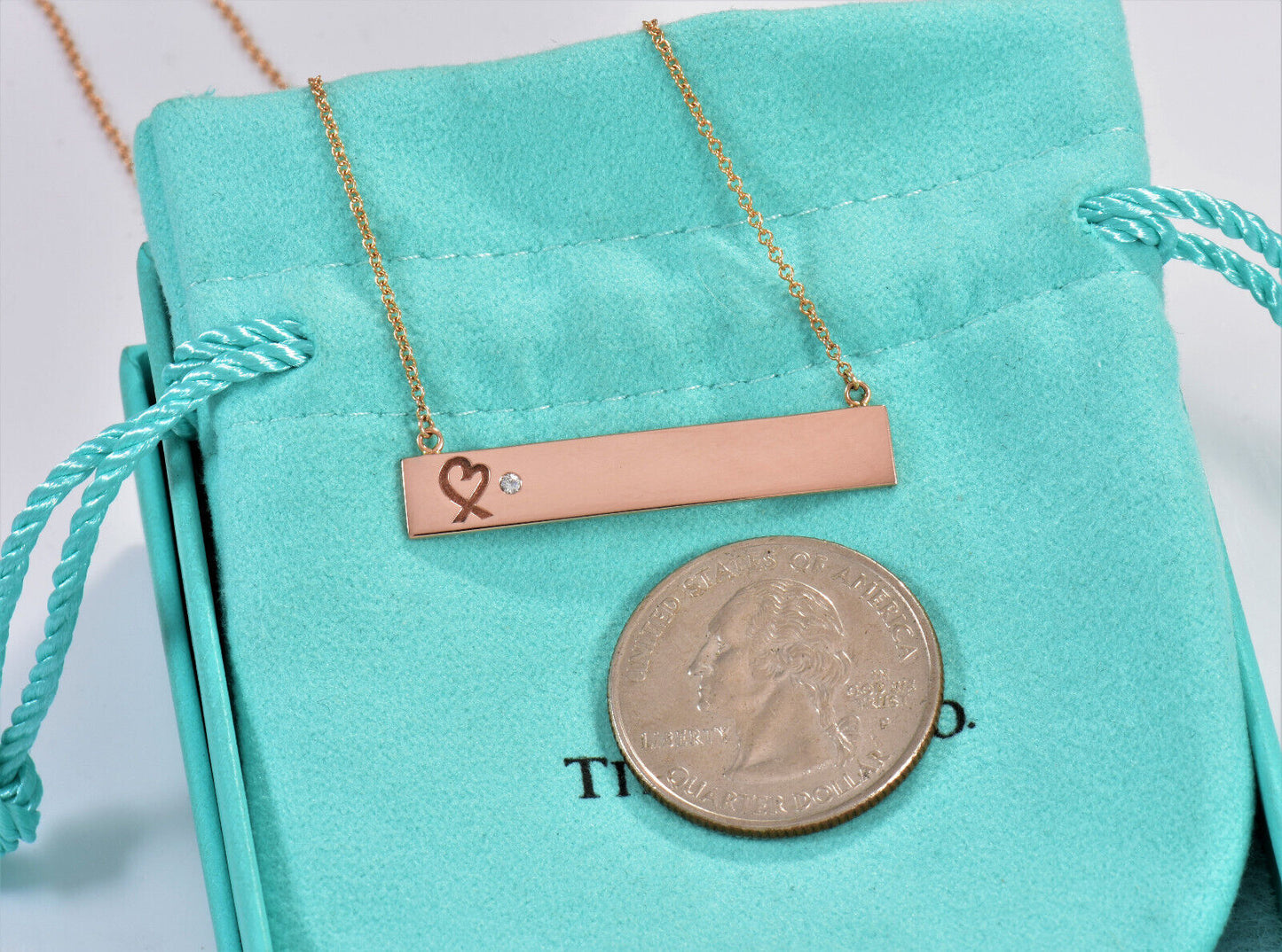 Tiffany & Co Diamond 18K Rose Gold Loving Heart Bar Pendant 18" Chain Necklace