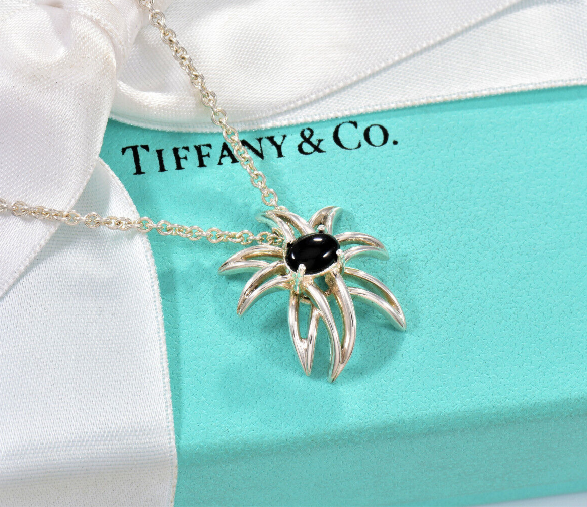 Vintage Tiffany & Co Silver Black Onyx Fireworks Pendant 16.25" Necklace & Pouch