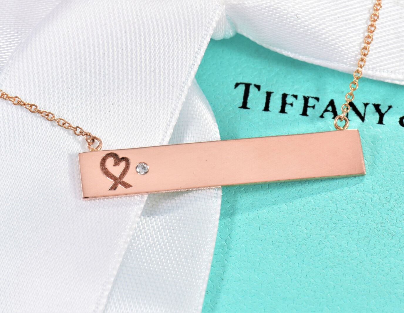 Tiffany & Co Diamond 18K Rose Gold Loving Heart Bar Pendant 18" Chain Necklace