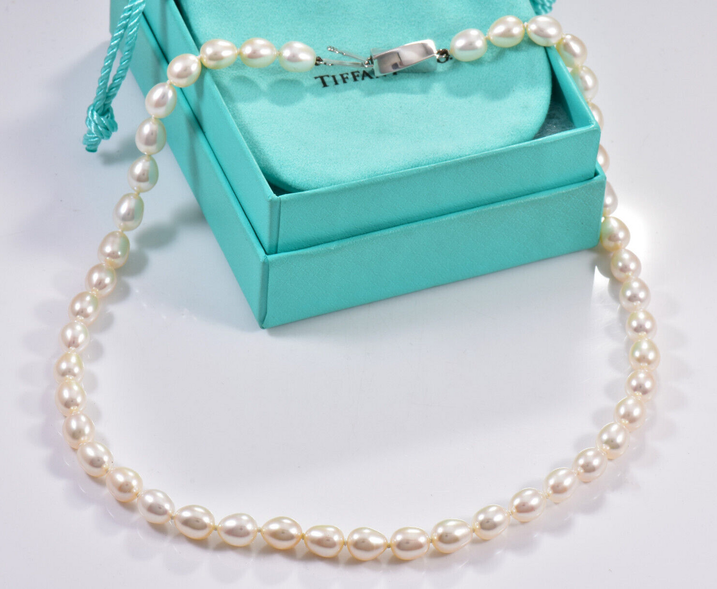 Tiffany & Co Silver Pearl Bead Strand Twist Bar Pendant 16.5" Necklace in Pouch