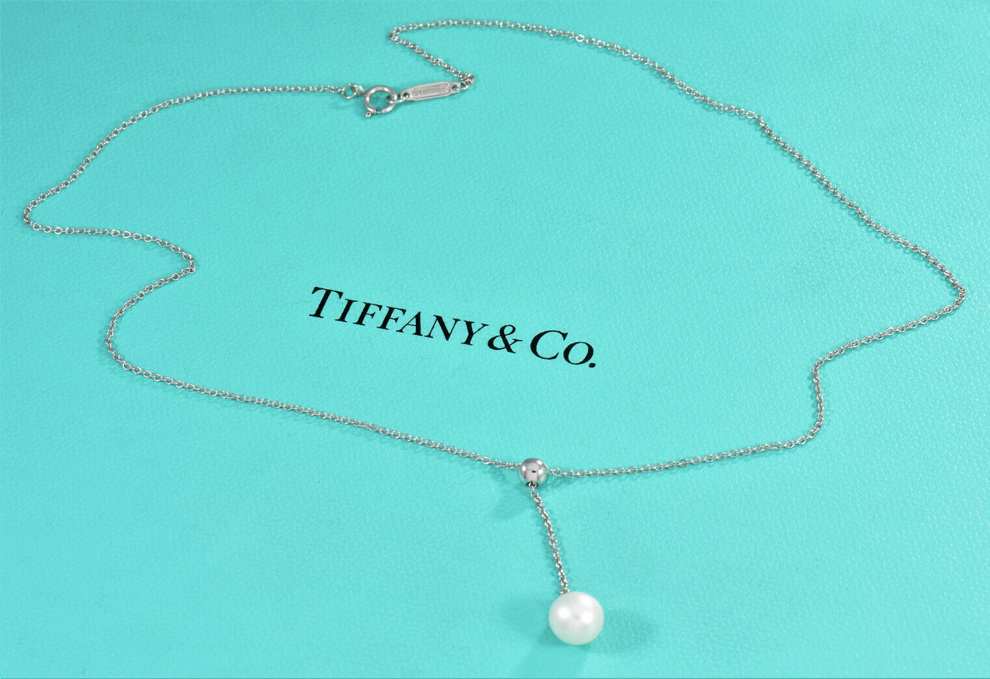 Tiffany & Co 18K White Gold Bead Pearl Drop Pendant Dangle Necklace in Box Pouch