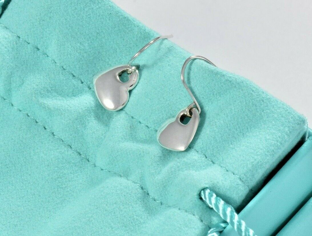 Tiffany & Co Silver Double Heart Stencil Dangle Earrings in Pouch Lovely Puff